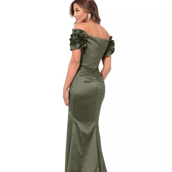 XSCAPE Women's Off-The-Shoulder Floral-Sleeve Dress Olive Size 12 - Picture 3 of 6